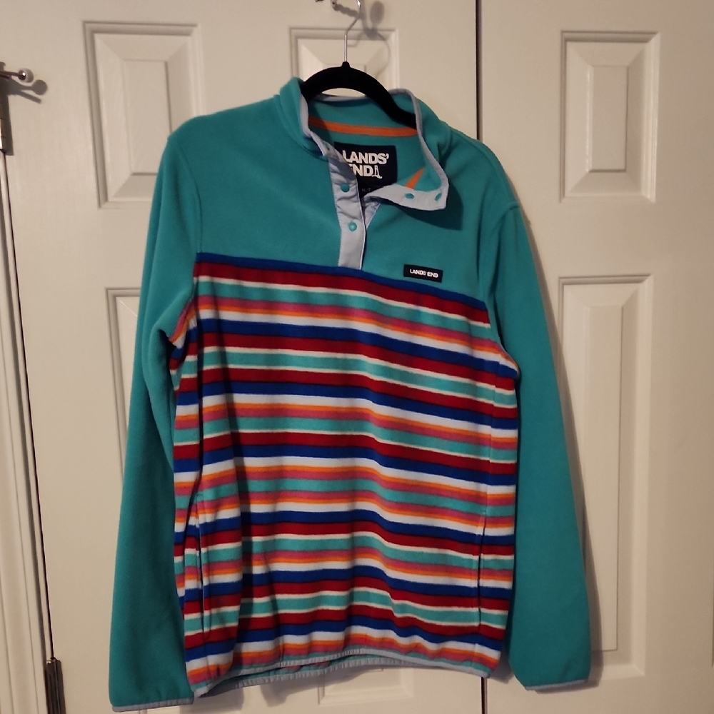 Lands' End Teal Multi Color Striped Fleece